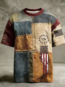 Vintage Patchwork Colorblock Short Sleeve T-Shirt, Usa Independence Day Print, American Street Style, Casual Streetwear, Loose-Fitting Men's Top