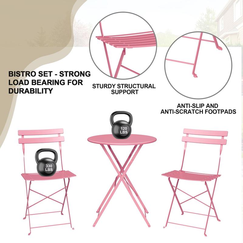 3-Piece Folding Bistro Set, Foldable Patio Furniture Set with Premium Frame, Outdoor Bistro Table and Chairs Set of 2 for Patio and Garden, Pink