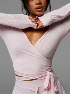 1 Pack Women's Wrap V Neck Long Sleeve Yoga Top Tie Waist Lightweight Athletic Shirt For Women Gym Workout Daily Wear