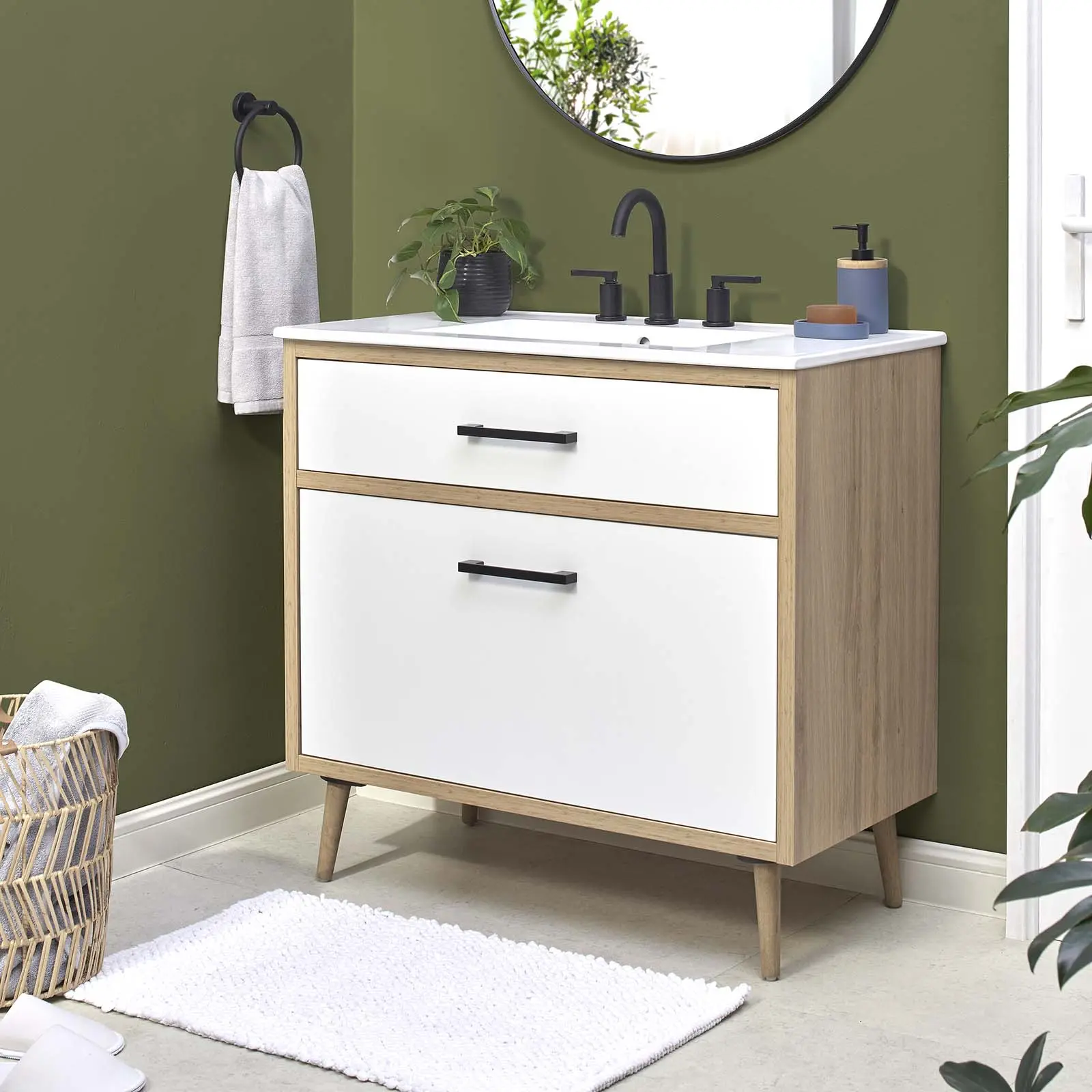 Modway Maverick 36" White Oak Bathroom Vanity Furniture with Drawer and Cabinet