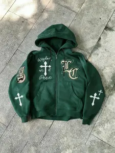 Men's Black Cross-Embroidered Zip-Up Hoodie, Embroidered Hoodies, TikTok Viral Faith & Street Style Oversized Sweatshirt, Printed Fashion Casual Jacket for Daily Wear, Ideal Christmas Gift