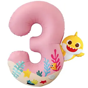 PartyWoo Baby Shark Pink Foil Number 3 Balloon 40 Inch Pink Mylar Helium Birthday Number Balloons for Girls and Boys Baby Shark Under the Sea Ocean Theme Kids Third Birthday Party Decorations
