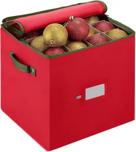 Christmas Ornament Storage Box - Stores 64 Ornaments W/Dual Zippers - Non-Woven, Tear- Proof Christmas Ornament Storage Containers - 3 Inch Cube Compartments - Red