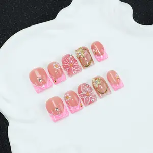 Handmade French Tip Press on Nails Set - 3D Floral Pink Acrylic Fake Nails, Reusable, Easy Apply, No Damage Nails, Complete Nail Art Kit with Glue & File for Women，Exquisite gift, suitable for daily wear and giving to women, Stylish Acrylic Nails
