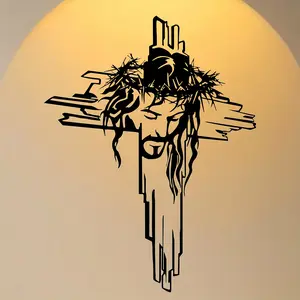 Geometric Metal Jesus Cross with Crown of Thorns, Home Office Garden Decor, Religious Home Decor, Perfect Halloween Gift, Indoor Wall Art Decoration, Geometric Cross Design