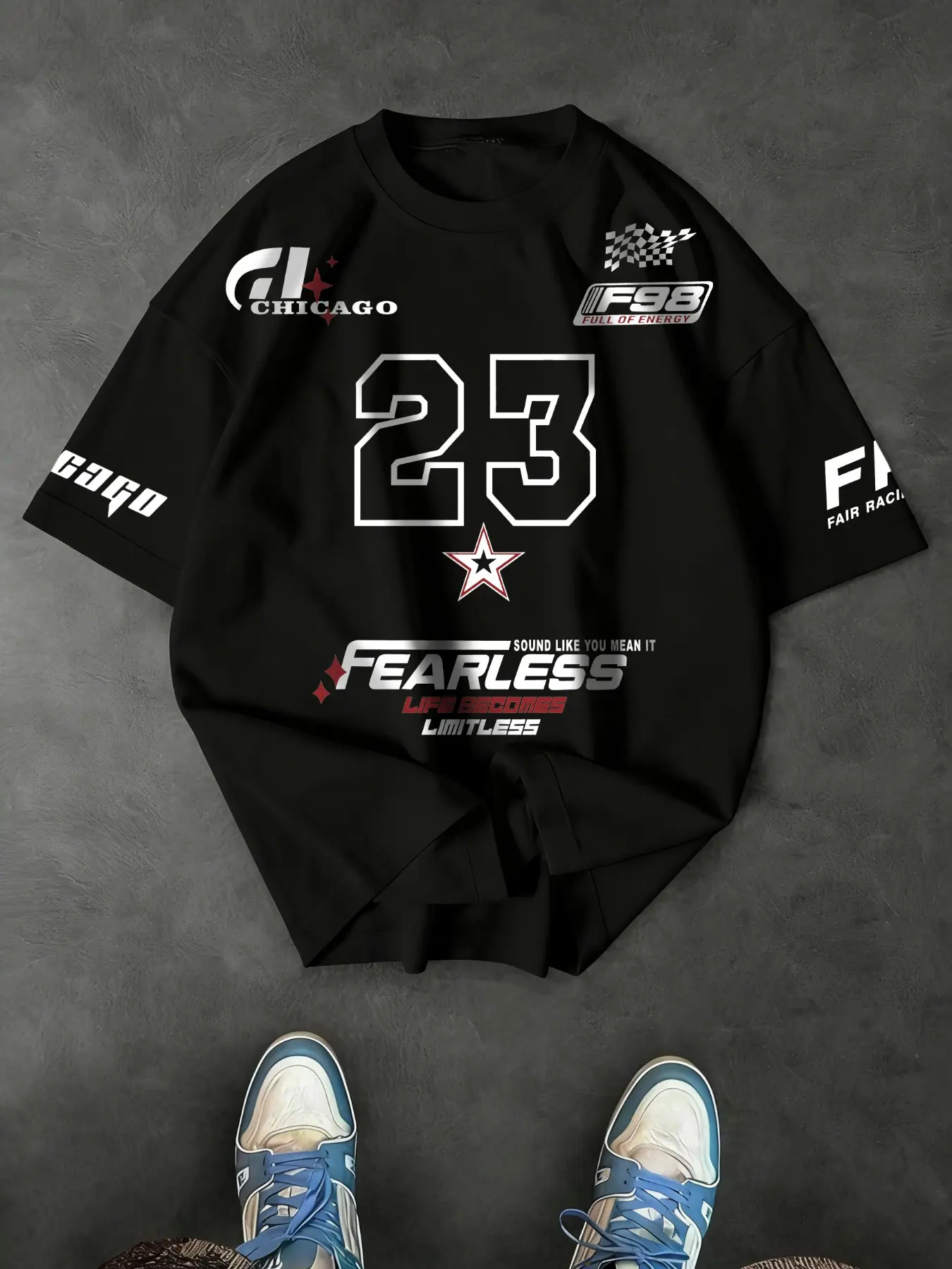 Men's 'fearless' Racing Style Streetwear Loose Fit T-Shirt, #23 Chicago/f98 Graphic, Lightweight Polyester, Casual Daily Wear