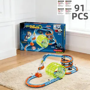 91 Piece Electric Flip Stunt Light Rail Car, Future Tech Style, Electromagnetic Drive, 360° Spiral Flip, Night Glow Lights, 3+ Years Old