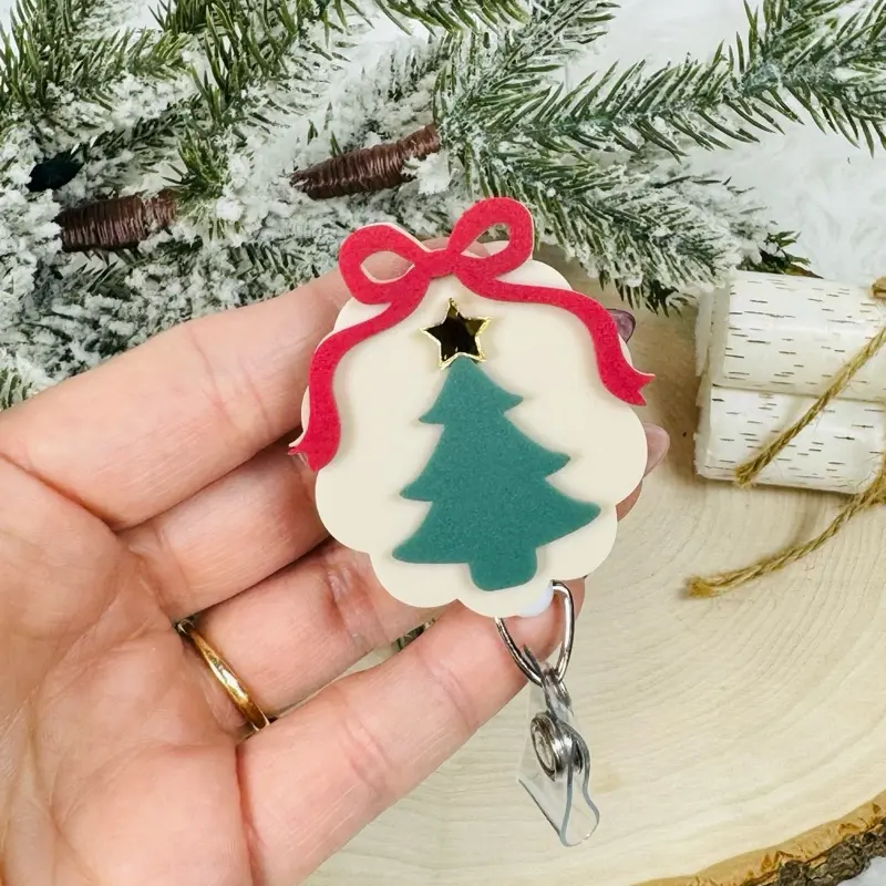 Christmas Tree Retractable Badge Reel with Swivel Alligator Clip or Belt Clip Festive ID Holder for Nurses Teachers Office Staff and Students