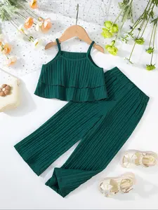 Toddler Girl's Solid Crop Tank Top & Wide Leg Pants Two-Piece Set, Casual Fashion Cozy Two Piece Outfits for Daily Outdoor Wear, Toddler Girls Clothing for Spring Fall, Fashion Clothes Set, Baby Girl Clothes, Striped Sets