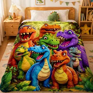[2D Print! Not a 3D Blanket] Soft, Playful, and Casual Throw Blanket: Cute Smiling Dinosaur 2D-Printed Flannel — Modern Animal Theme, Suitable for All Seasons, Perfect for Both Children and Adults