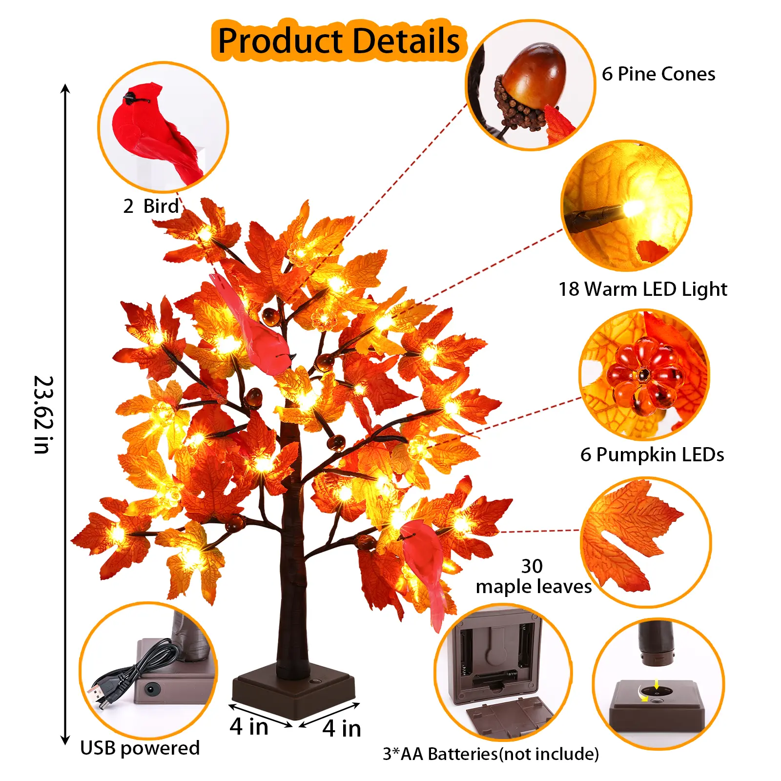 24 Inch Luminous Thanksgiving Autumn Maple Tree Decoration Battery USB Powered with 24LED Maple Leaf Light Autumn Decorative Lights for Indoor and Outdoor Festival Fall Harvest Christmas Thanksgiving Party Home Decoration Gifts Ornaments torch light Light