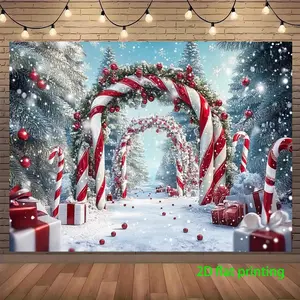 1pc 2D Flat estive Christmas Arch Backdrop with Red Candy Canes & Snowy Forest - Durable Polyester Photography Banner for Holiday Parties Birthdays & Celebrations Winter Wonderland Theme No Power N White