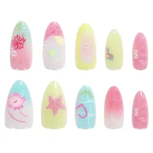 30Pcs Ocean Press on Nails, Medium Almond Summer Beach Fake Nails with 3D Starfish Seashell Flower Designs, Cute Acrylic Stick on Nails Reusable False Nails for Women and Girls
