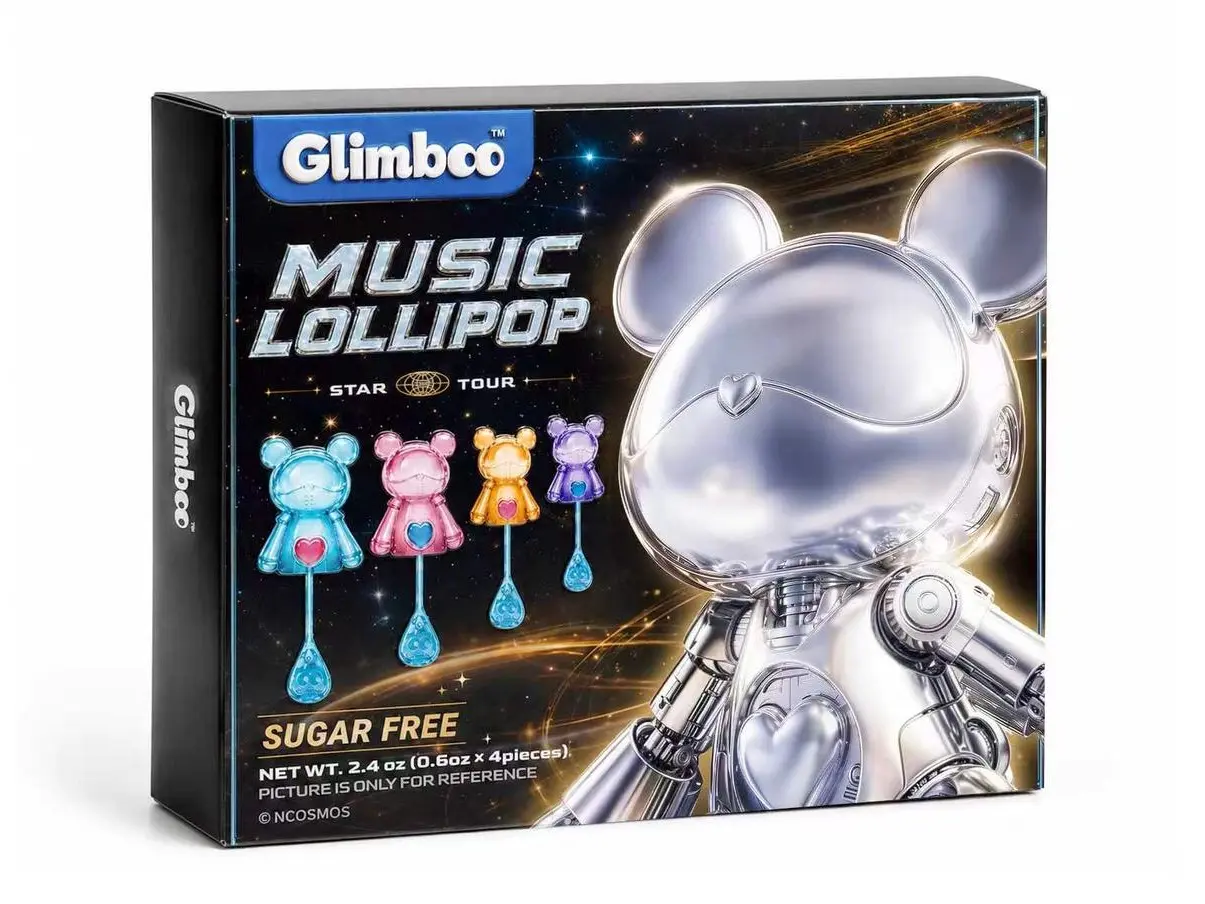 Glimboo × Cosmos Bear Sweet Snack Music Lollipop 4-Pack - Bone Conduction Singing Candies with Original Soundtrack, Collectible Cosmos Bear Figurine IP