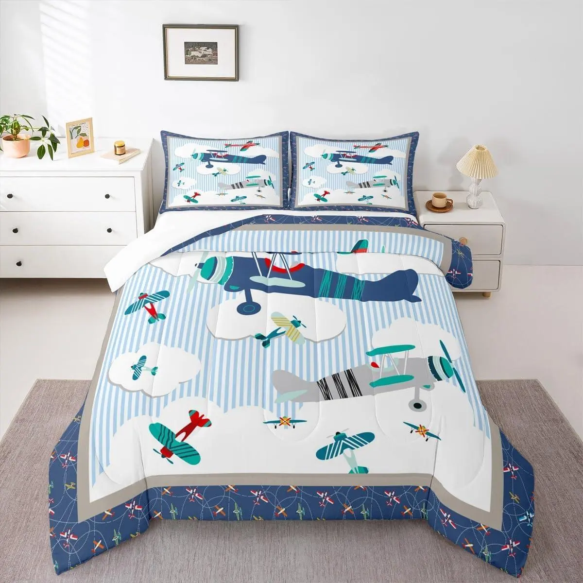Feelyou Multi-Size Breathable Airplane Print Comforter Set - Bedding Supplies, Modern Quilting Aviation Theme Bedding, Travel-Friendly Blue Sky White Clouds Quilt, Skin-Friendly Soft Lightweight Blanket for Kids, Skin Friendly Blanket
