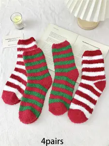 4 Pairs Fashion Striped Coral Velvet Medium Socks Comfortable and Warm Christmas Socks Suitable for Women's Winter Daily Party and Holiday Wear