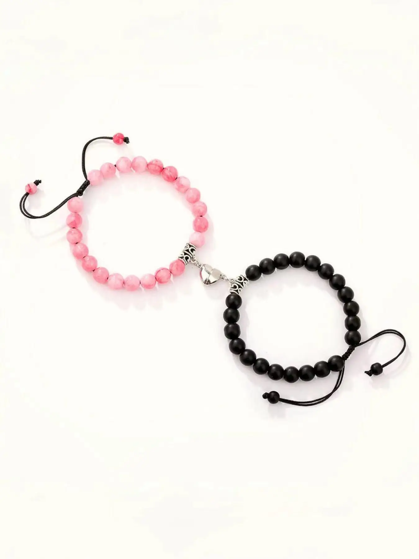 Unisex Magnetic Heart Charm Bracelets for Couple, 2pcs/set Trendy Drawstring Design Beaded Bracelets, Chic All-match Vintage Fashionable Jewelry As Gi