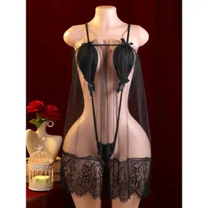 Women's New Black Tulle Dress Translucent Lace Trim Nightwear Elegant Boudoir Lingerie Soft Tulle Texture Minimalist Statement Piece for Seductive Nights Womenswear Overall Smooth Basic