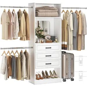 8FT Closet Wardrobe with Mirror, Walk-in Closet System with Drawers and 3 Extendable Hanging Rod, Sturdy Wood Closet Organizer Wardrobe with 25" Tower, Wardrobe Organizer, White Furniture