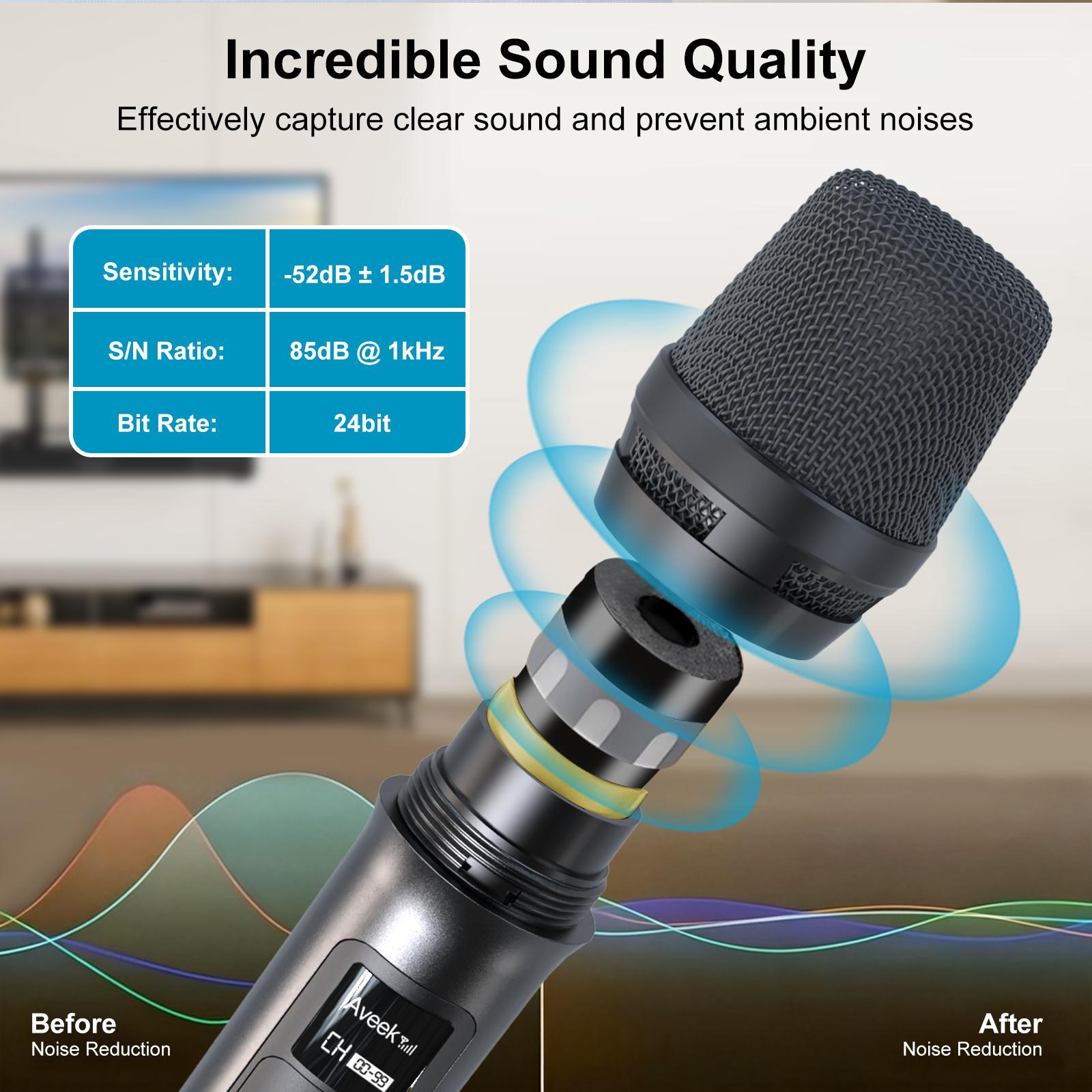 Aveek Wireless Microphone System with 4-Pack Dynamic Handheld Mics, 256ft Long Range, 40-Hour Battery, Low Latency Studio Sound for Karaoke, Singing, Speech, Church, Stage, Wedding, DJ & Events Aveek Wireless Microphone System with 4-Pack Dynamic Handheld Mics, 256ft Long Range, 40-Hour Battery, Low Latency Studio Sound for Karaoke, Singing, Speech, Church, Stage, Wedding, DJ & Events