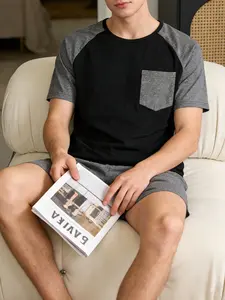 Men's Two-Piece Sleepwear Set, Loungewear, Shoulder-Panelled Short Sleeve T-Shirt & Shorts, Comfortable Men's Pajamas, Pjs, Plaid Pattern, Loose Fit