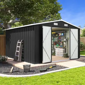 Aoxun 10 x 12FT Outdoor Storage Shed with Double Hinged Large Door Utility Garden Shed with Lockable Door & Sloped Roof Metal Sheds Outdoor Storage for Garden, Backyard, Patio and Backyard, Brown