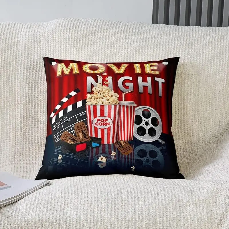 Feelyou 2-Pack 20x20in Reversible Zippered Throw Pillow Covers - Soft Machine-Made Washable Custom Interchangeable Pillow-Shaped Polyester Covers, Old-Fashioned Theater Poster & Popcorn Themed for Movie Night, Custom Cushion Covers, Pillow-Shaped Cushion