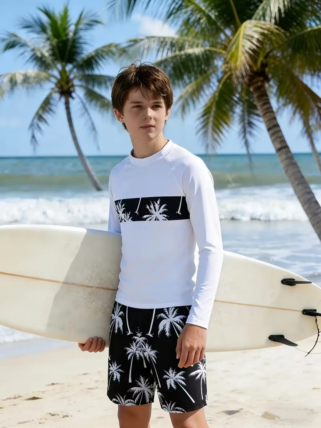 Boys' Long Sleeve Sunscreen Swimwear Set, Coconut Tree Pattern Quick-Dry Beach Surfing Suit, Summer Outdoor Sports Clothing, Swimwear Outfits, Quick Drying Swimsuit