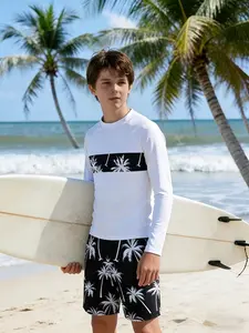 Boys' Long Sleeve Sunscreen Swimwear Set, Coconut Tree Pattern Quick-Dry Beach Surfing Suit, Summer Outdoor Sports Clothing