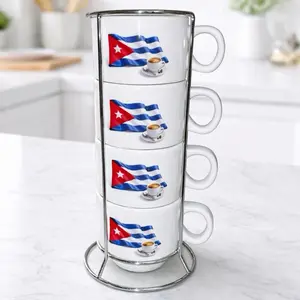 Cuban Flag Ceramic Mugs Set - 4 x 6oz with Metal Base for Morning Coffee - Perfect for Family or Gifts - Home Style Design