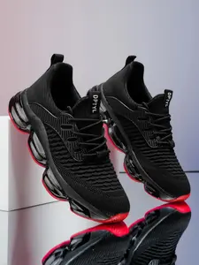 Trendy Letter Webbing Full Sole Air Cushion Sports Shoes, Men's Flyknit Mesh Soft Bottom Running Shoes, Thick Sole Shock Absorption Casual Shoes