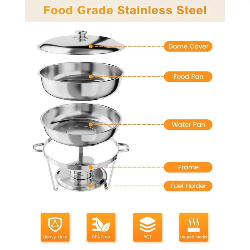 Garvee Round Professional Stainless Steel Chafing Dish 5QT Round Buffet Server & Warmer Rust Resistant Casserole Cooking Container 2 4 or 6 Pack Options
