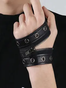 Gothic Punk Style Faux Leather Zipper Design Rivet Accents Wrap Bracelet Wristband, Fashionable Bangle, Women's Accessory, Valentine's Day Gift