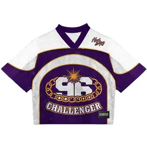 Purple White Cropped Mesh Football Jersey V-Neck 96 Challenger Print Streetwear Athletic Sports Top Summer Casual Oversized Breathable Shirt for Men Women Unisex