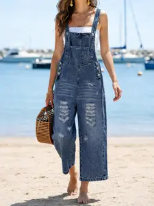 Washed Ripped Denim Bib Pants, Loose-Fit Wide-Leg Nine-Part Overall, Summer Vacation Casual Chic Versatile Style, All Seasons Wear