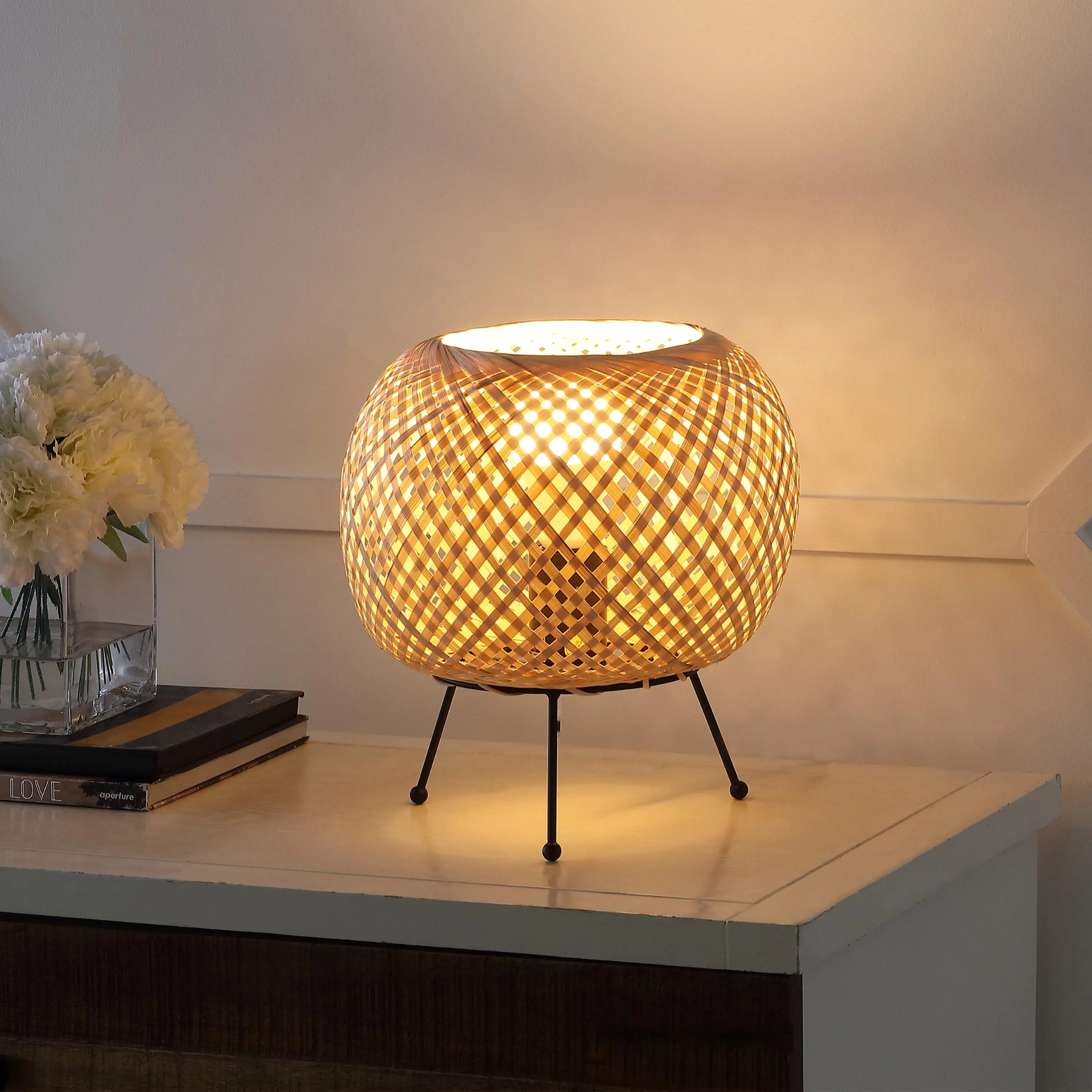 JONATHAN Y Palma 10.75" Bohemian Rattan Metal Mini Table Lamp, Light Brown | Rustic Coastal Lantern For Bedroom Nightstand, Smart App-Controlled, LED Bulb Included, In-Line Switch, Black Finish