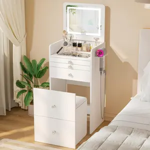VOWNER 3-in-1 Compact Makeup Vanity Desk with Flip-Top LED Light Mirror, Glass Desktop, 3 Drawers, Vanity Chair, 19" L Dressing Table for Bedroom Makeup Organization, White