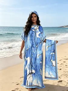2026 New Women's 2 Piece Blue & White Marble Print Kaftan Maxi Dress with Matching Scarf, Silky Loose Satin Robe, Plus Size Friendly, Beach Cover Up, Summer, Resort Vacation & Evening Party Wear