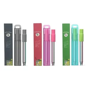 Metal Reusable Straws 3 Pack Collapsible Stainless Steel Drinking Straw Portable Telescopic Travel Straw, with Case and Cleaning Brush Foldable Pocket Straws