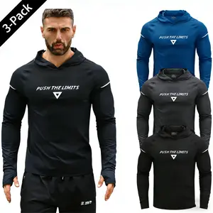 Men's Athletic Hoodie 3-Pack - Long Sleeve Performance Shirt with Thumbholes for Running, Gym & Training, Moisture Wicking T-Shirt with Hood for Exercise, Hiking & Casual Lifestyle