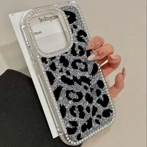 Phone Case - This Flip Phone Case Features a Black Shiny Leopard Print Pattern And a Diamond Studded Design, Suitable for a Variety of Iphone 17, 16, 15 Pro, 14, 13, 12 Pro, And 11 Pro Max Series. Fashion Additions, Reversible Protective Case