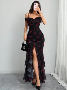 Women's French Vintage Dark Rose Floral Print Dress, Off-Shoulder Sleeveless One-Piece Slim Fit Mermaid Skirt, Elegant Chic Style Split Long Gown for Evening Events Formal Wear