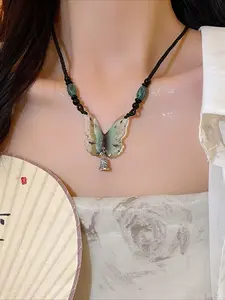 Ink-Wash Butterfly Cord Necklace Ultimate Serene Zen Vibe Chef’s Kiss for New Chinese Style, Vacations Everyday Wear Dates & Trips. Perfect Niche Oriental Gift for Girlfriends & BFFs.
