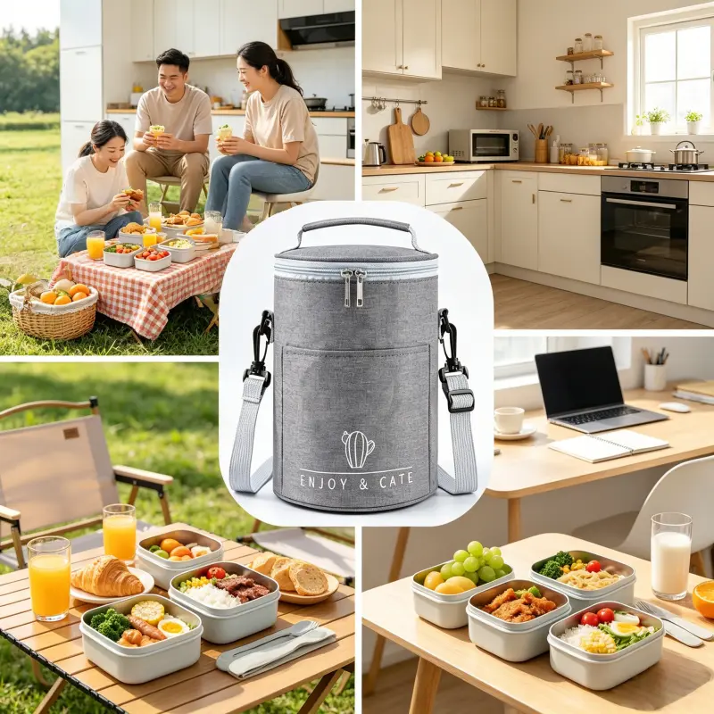 Minimalist Insulated Cylinder Tote, Thermal Cooler Bag with Front Pocket & Adjustable Strap for Everyday Use & Outings ﻿