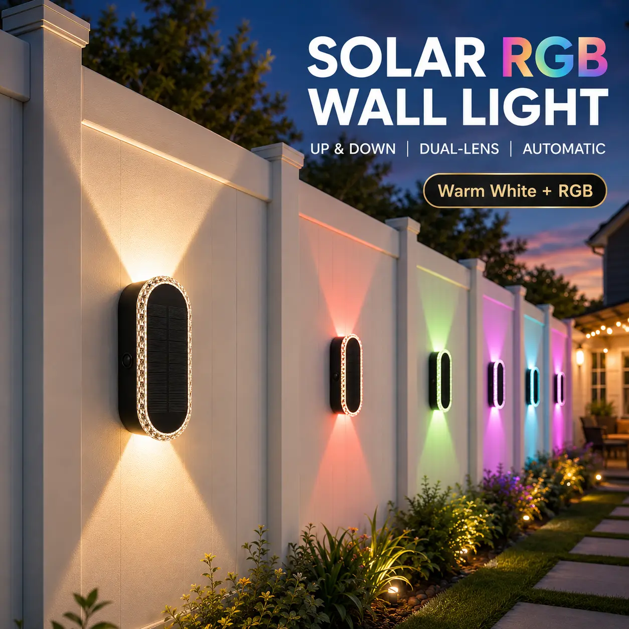 10 Pack Solar Up Down Wall Lights Outdoor, RGB + Warm/Neutral/Cool White, IP44 Waterproof Auto On Off, 12H Runtime Solar Fence Lamp for Fence Patio Porch Garden Holiday Decor