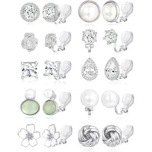 10-15 Pair Clip-On Stud Earrings Non-Piercing Teardrop Round Square CZ Pearl Twist Flower Butterfly Heart Star Rainbow Cat Opal Clip-On Earrings Women