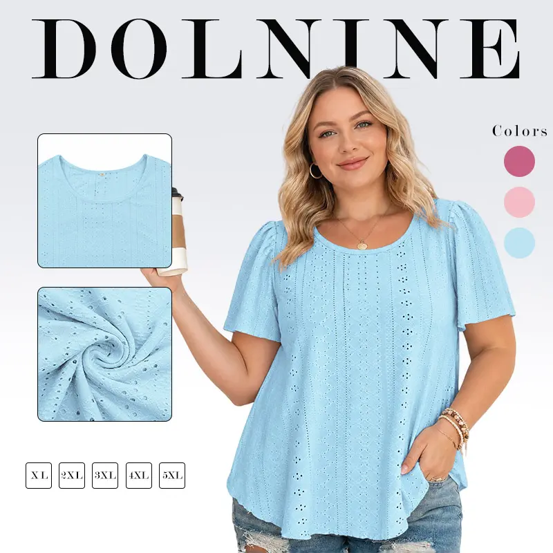 Women's Plus Size Eyelet Blouse, Casual Flutter Shortsleeve Tunic with a Comfortable Loose Fit Summer Style, Dressy, Feminine, Ladies, Cute, Elegant, Breathable, Comfy, Shirts, Tunic Top, Easter, Breathable Fabric