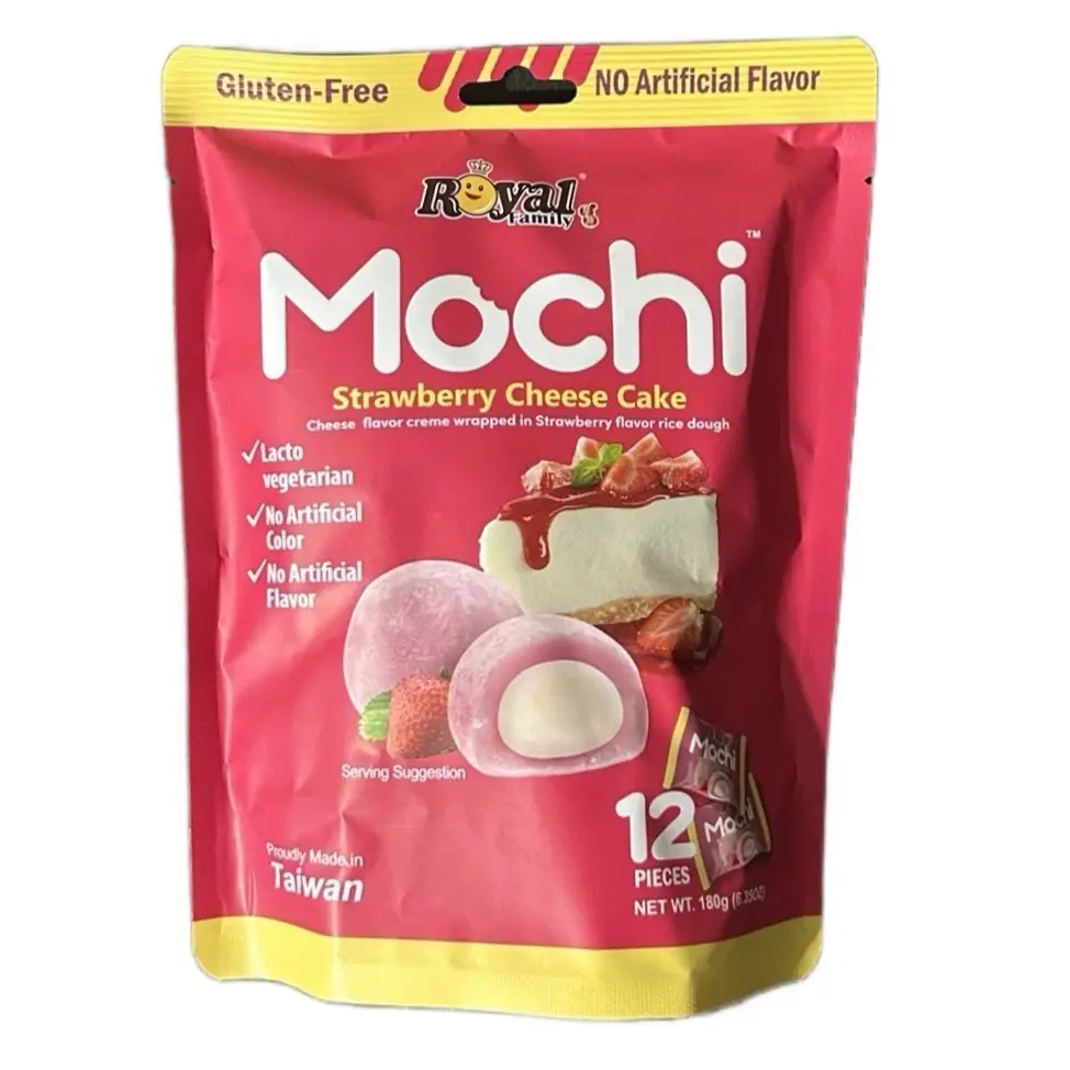 Royal Family Mochi Strawberry Cheese Cake 12 Pieces 180g Gluten-Free Strawberry Rice Cake with Cheese Filling Sweet Snack Candy Dessert