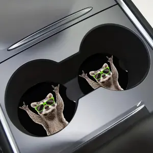 2-Pack EVA Material Car Coasters with Raccoon Design - Absorbent, Easy Removal Finger Notch for Vehicle Cup Holders
