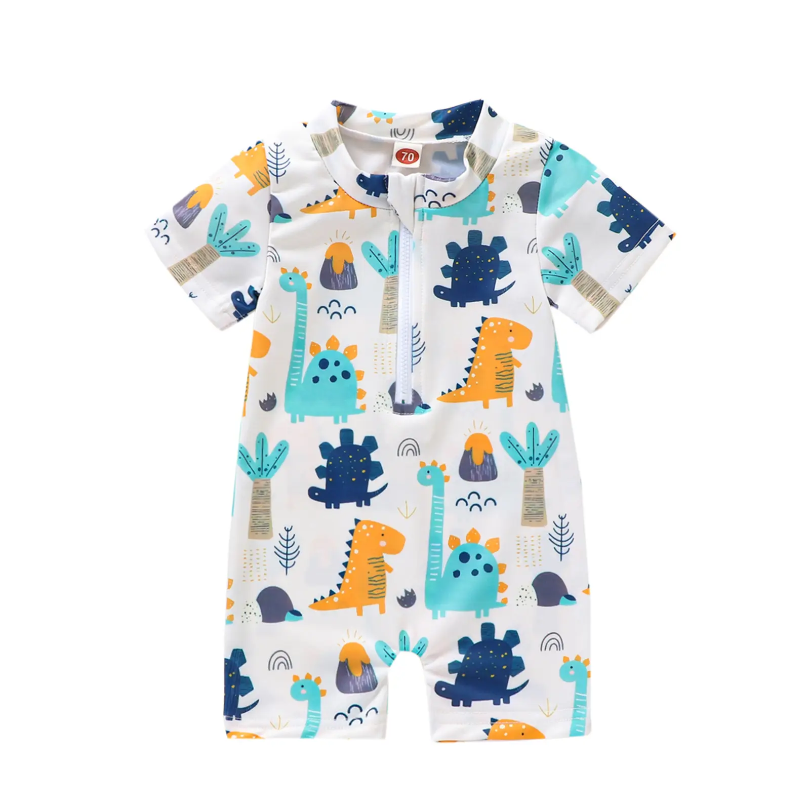 Toddler Baby Little Kids Boys Summer Swimsuit Cartoon Dinosaur Printed Short Sleeve Zipper Jumpsuit Swimwear Beachwear 0-4 Years